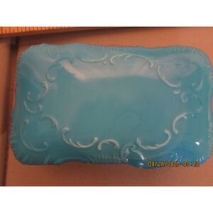 Vintage Blue Milk Glass match holder Corinne 1920's pressed design trinket box